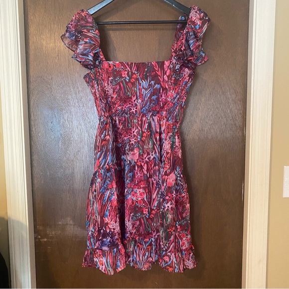 Amanda Uprichard Mini Dress in Bloom Size M Floral Flutter Sleeve Chiffon - Picture 5 of 6